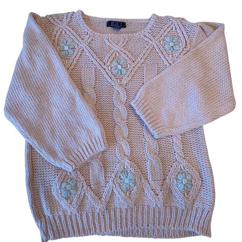 DHI Vintage Pink Cable Knit Floral Embroidered Sweater Small Ramie Blend Korea